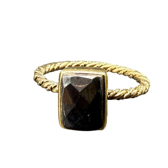 952 Sterling Silver Black Square Crystal Twisted Band Ring Size 6.5 Gold Tone - Picture 1 of 6
